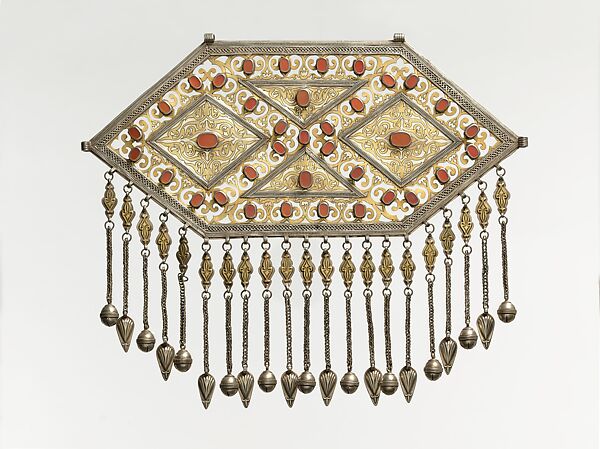 Pectoral Ornament, Silver, fire gilded, with openwork, stamping, decorative wire, pendants with applied decoration, wire chains with embossed pendants and bells, and table-cut carnelians 