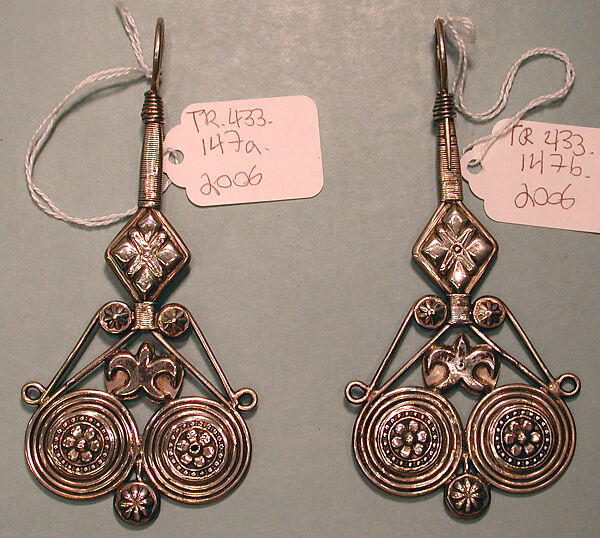 Earring, One of a Pair, Silver; firegilded with embossed and twisted wire decoration