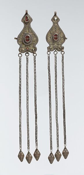 Temple Pendant, One of a Pair, Silver; fire-gilded, with decorative wire, silver shot, glass stones, and wire chains with embossed pendants 