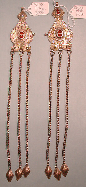 Temple Pendant, One of a Pair, Silver; fire-gilded, with decorative wire, silver shot, glass stones, and wire chains with embossed pendants
