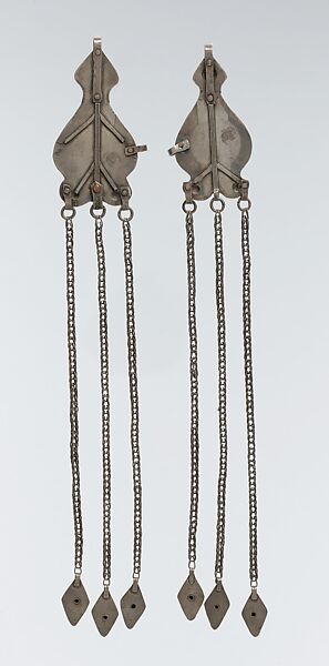 Temple Pendant, One of a Pair, Silver; fire-gilded, with decorative wire, silver shot, glass stones, and wire chains with embossed pendants