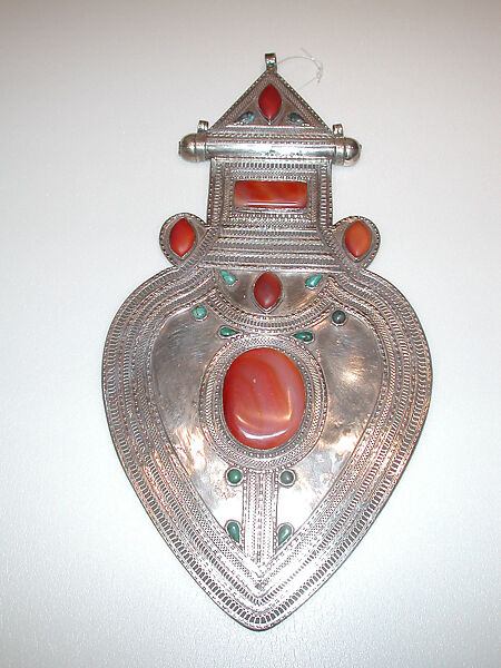 Cordiform Pendant, Silver, with decorative wire, cabochon and slightly-domed carnelians, and turquoises