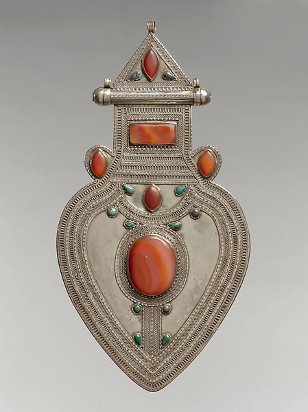 Cordiform Pendant, Silver, with decorative wire, cabochon and slightly-domed carnelians, and turquoises 