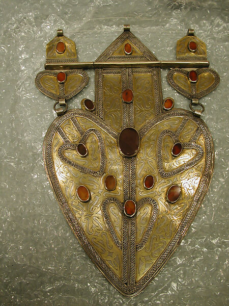 Cordiform Pendant, Silver; fire-gilded and chased, with decorative wire and table-cut carnelians