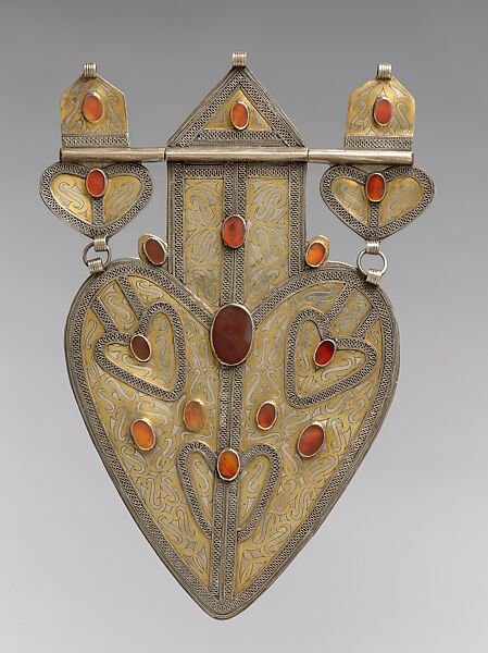 Cordiform Pendant, Silver; fire-gilded and chased, with decorative wire and table-cut carnelians 