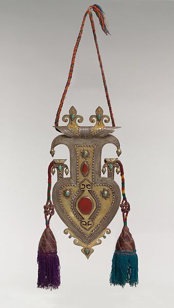 Cordiform Pendant with Tassles, Silver; fire-gilded, with silver shot, decorative wire, cabochon and table-cut carnelians, slightly domed turquoises, and wool tassels 