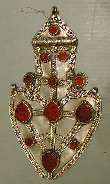 Cordiform Pendant, Silver; with decorative wire, applied decoration, and table-cut and inscribed carnelians