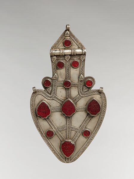 Cordiform Pendant, Silver; with decorative wire, applied decoration, and table-cut and inscribed carnelians 