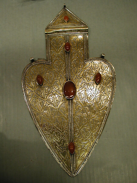 Cordiform Pendant, Silver; fire-gilded, carnelians