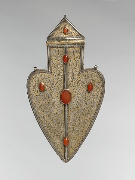 Cordiform Pendant, Silver; fire-gilded, carnelians 