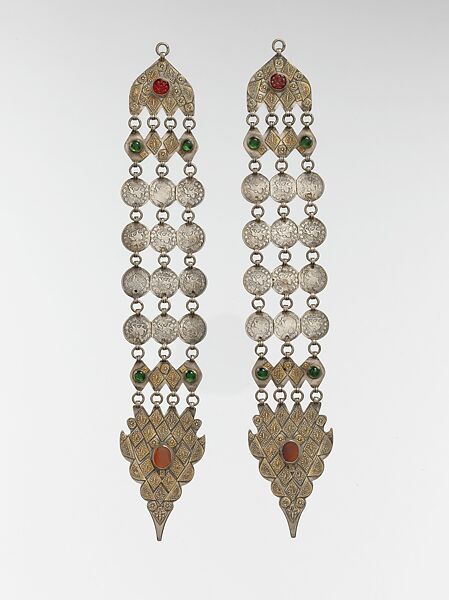 Headband, One of a Pair, Silver; fire gilded and applique decoration, coins (date TK),  slightly domed carnelians, glass stones and silver links 