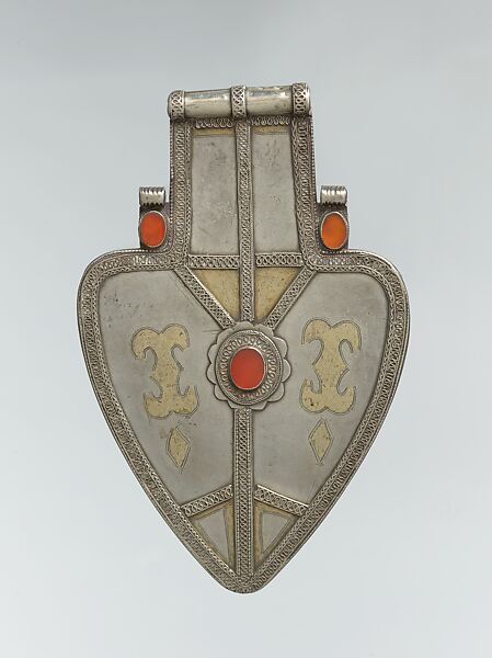 Cordiform Pendant, Silver; fire-gilded and chased, with decorative wire and table-cut carnelians 