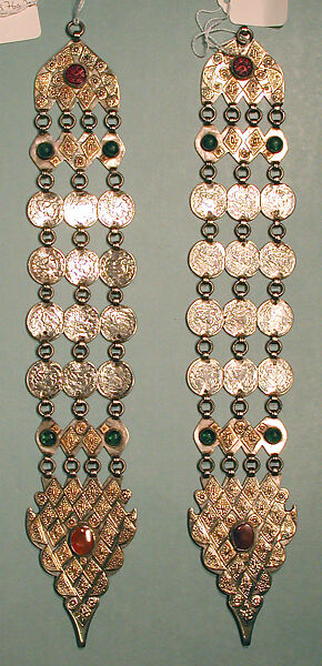 Headband, One of a Pair, Silver; fire gilded and applique decoration, coins (date TK),  slightly domed carnelians, glass stones and silver links