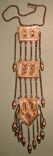 Tripartite Pectoral Ornament, Silver; fire-gilded, with stamped beading, silver shot, decorative wire, wire chains, embossed pendants, and glass inlays over red foil, lacquer, or cloth