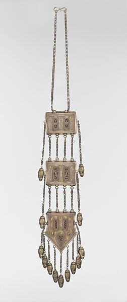 Tripartite Pectoral Ornament, Silver; fire-gilded, with stamped beading, silver shot, decorative wire, wire chains, embossed pendants, and glass inlays over red foil, lacquer, or cloth 