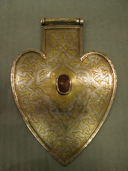 Cordiform Pendant, Silver; fire-gilded and chased, with table-cut carnelians