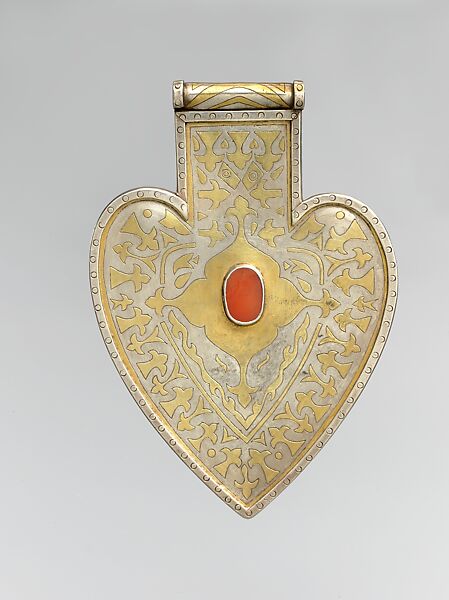 Cordiform Pendant, Silver; fire-gilded and chased, with table-cut carnelians