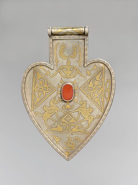 Cordiform Pendant, Silver; fire-gilded and chased, with table-cut carnelians 