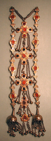 Dorsal Plait Ornament, Silver; fire-gilded with applied decoration, loop-in-loop chains, semispherical bells, table-cut carnelians, and faceted glass stones