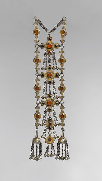 Dorsal Plait Ornament, Silver; fire-gilded with applied decoration, loop-in-loop chains, semispherical bells, table-cut carnelians, and faceted glass stones 