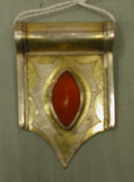 Triple Cordiform Pendant, Silver; fire-glided and chased, with openwork and cabochon carnelians