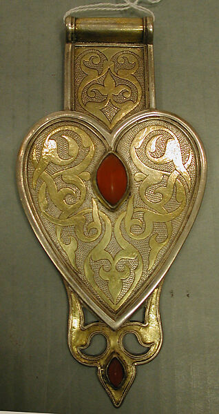 Triple Cordiform Pendant, Silver; fire-glided and chased, with openwork and cabochon carnelians