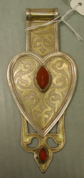Triple Cordiform Pendant, Silver; fire-glided and chased, with openwork and cabochon carnelians