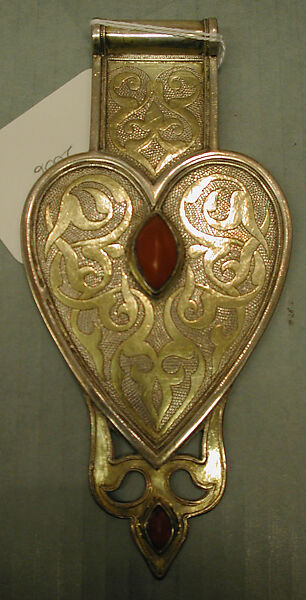 Triple Cordiform Pendant, Silver; fire-glided and chased, with openwork and cabochon carnelians