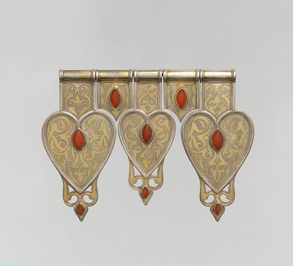 Triple Cordiform Pendant, Silver; fire-glided and chased, with openwork and cabochon carnelians 