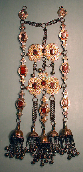 Dorsal Plait Ornament, Silver, fire gilded applique decoration, silver link chains and semi-spherical and spherical bells.