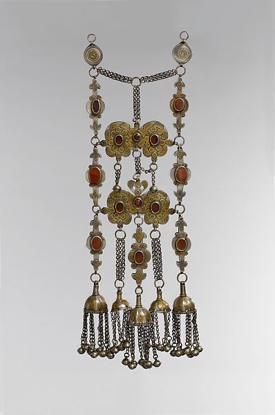 Dorsal Plait Ornament, Silver, fire gilded applique decoration, silver link chains and semi-spherical and spherical bells. 