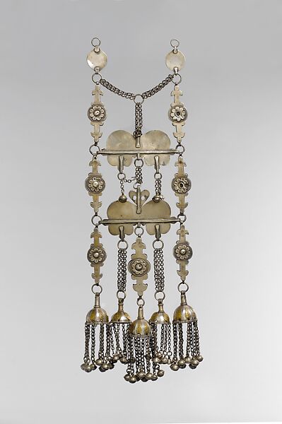 Dorsal Plait Ornament, Silver, fire gilded applique decoration, silver link chains and semi-spherical and spherical bells.