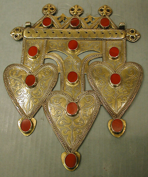 Triple Cordiform Pendant, Silver; fire-gilded and chased, with decorative wire and stamping, openwork, ram's-head terminals, and table cut carnelians