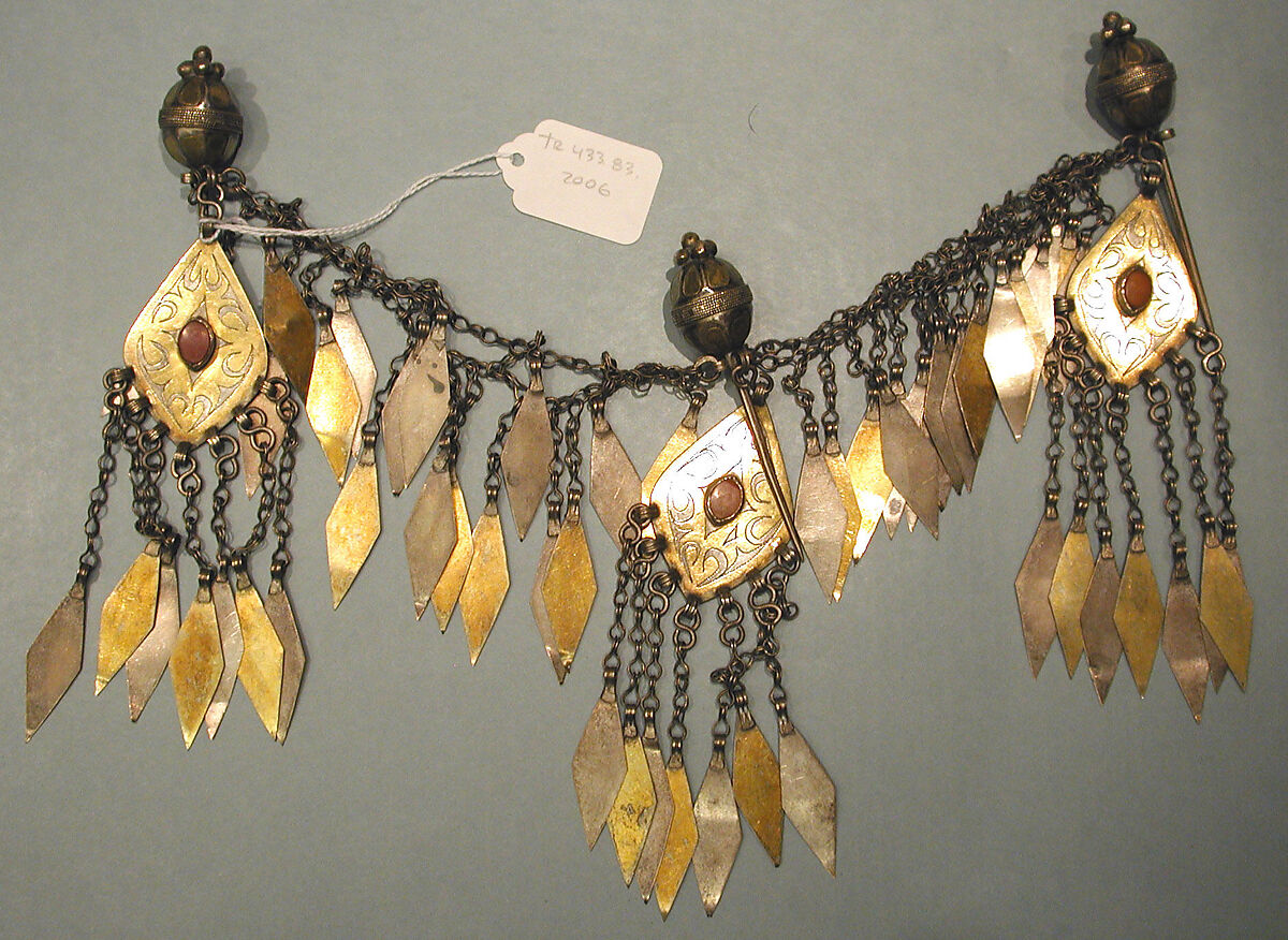 Headband, Silver; fire gilded, with silver shot, pins, stamped beading evoking granulation, loop-in-loop chains, pendants, and table-cut carnelians
