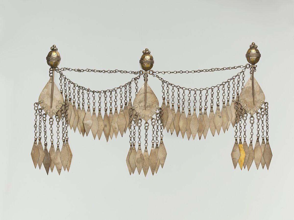 Headband, Silver; fire gilded, with silver shot, pins, stamped beading evoking granulation, loop-in-loop chains, pendants, and table-cut carnelians