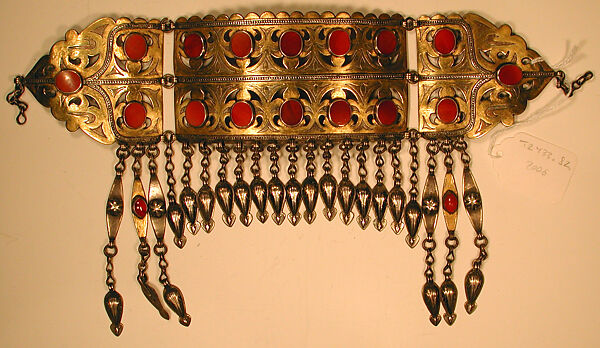 Headband, Silver; fire-gilded with openwork decoration and engraving/punching table cut carnelians, silver chains and pendants, and embossed and applique work.