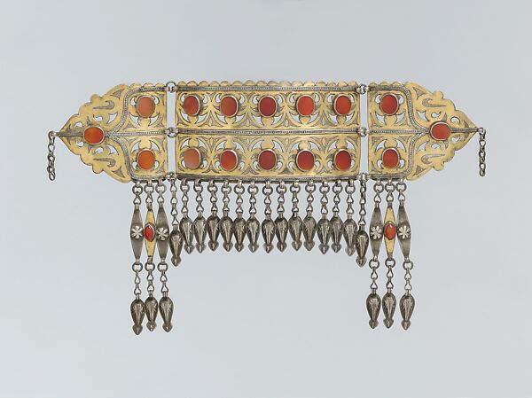 Headband, Silver; fire-gilded with openwork decoration and engraving/punching table cut carnelians, silver chains and pendants, and embossed and applique work. 