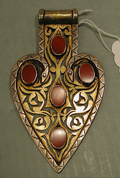 Group of Three Detached Cordiform Pendants, Silver; fire-gilded and chased, with openwork  and table-cut carnelians