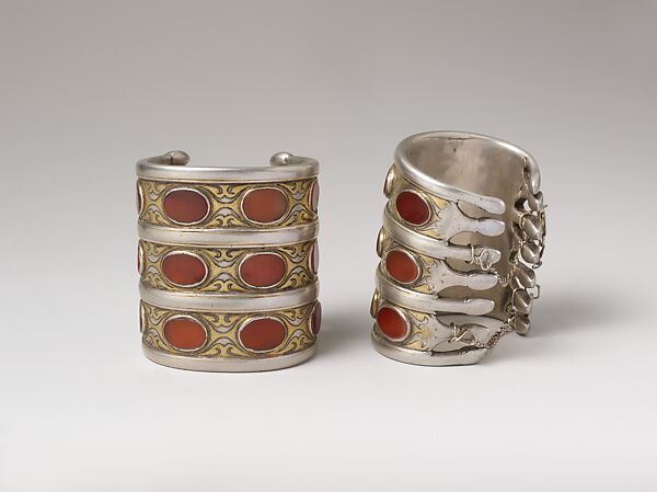 Armband, One of a Pair, Silver; fire-gilded and chased, with table-cut carnelians