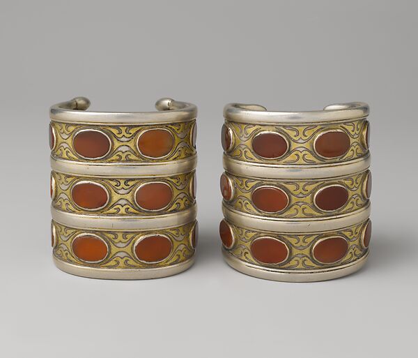 Armband, One of a Pair, Silver; fire-gilded and chased, with table-cut carnelians
