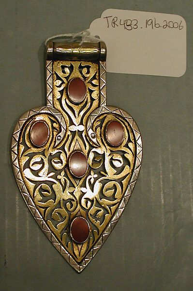 Cordiform Pendant, Silver; fire-gilded and chased, with openwork  and table-cut carnelians