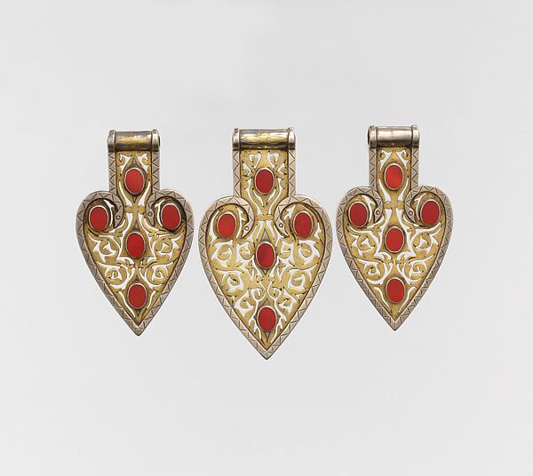 Cordiform Pendant, Silver; fire-gilded and chased, with openwork  and table-cut carnelians 