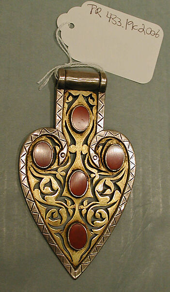 Cordiform Pendant, Silver, fire-gilded and chased, with openwork  and table-cut carnelians