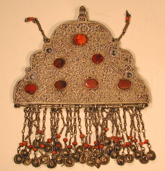 Pectoral Ornament, Silver, and silver filigree with table cut carnelians and glass stones, silver link chains, corals, and bells/beads