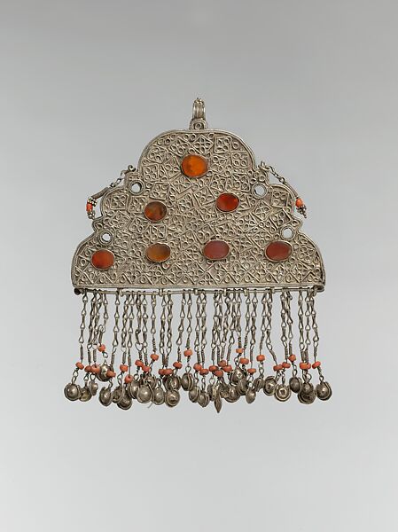 Pectoral Ornament, Silver, and silver filigree with table cut carnelians and glass stones, silver link chains, corals, and bells/beads 