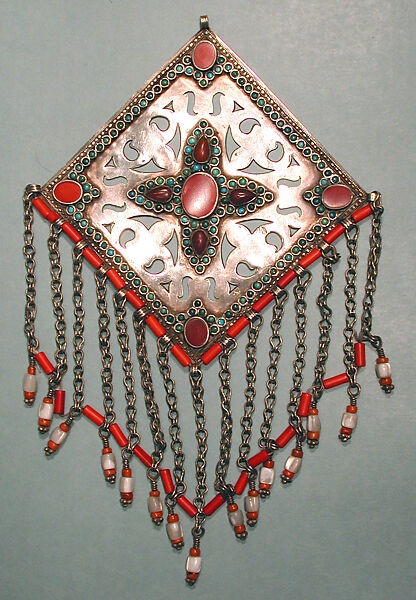 Pectoral Ornament, Silver; with openwork and stamped bead decoration, table-cut carnelians and turquoise beads, and silver link chains with coral and mother-of-pearl beads