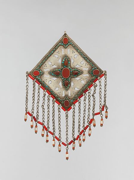 Pectoral Ornament, Silver; with openwork and stamped bead decoration, table-cut carnelians and turquoise beads, and silver link chains with coral and mother-of-pearl beads 
