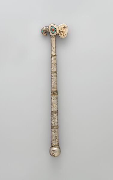 Cudgel or ceremonial staff, Silver in two sections, fire-gilded and chased, with decorative wire, cabochon carnelians, and turquoise beads 