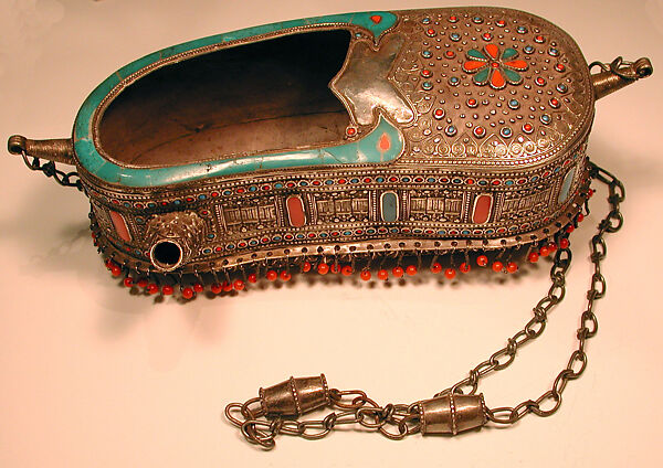 Drinking Bowl Shaped as a Begging Bowl, Silver; fire gilded, with applied and stamped decoration, inset carnelians and turquoises, and carnelian, turquoise and coral beads