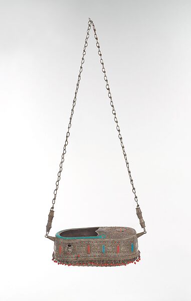 Drinking Bowl Shaped as a Begging Bowl, Silver; fire gilded, with applied and stamped decoration, inset carnelians and turquoises, and carnelian, turquoise and coral beads